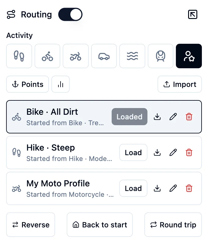 Rendzo's My Profiles list — saved custom routing profiles (Bike · All Dirt, Hike · Steep, My Moto Profile) with load, export, edit, and delete actions