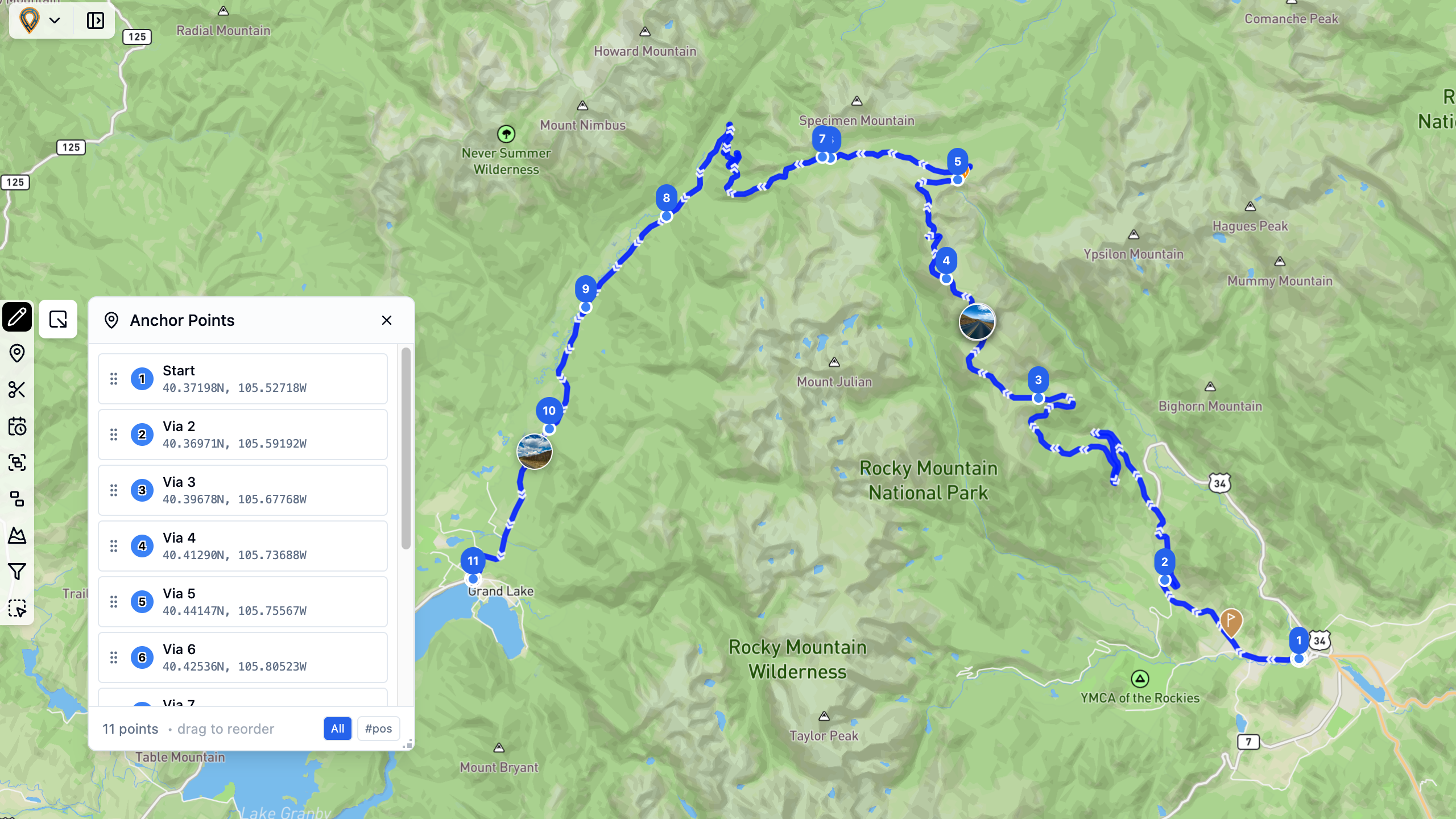 Anchor points on a route through Rocky Mountain National Park