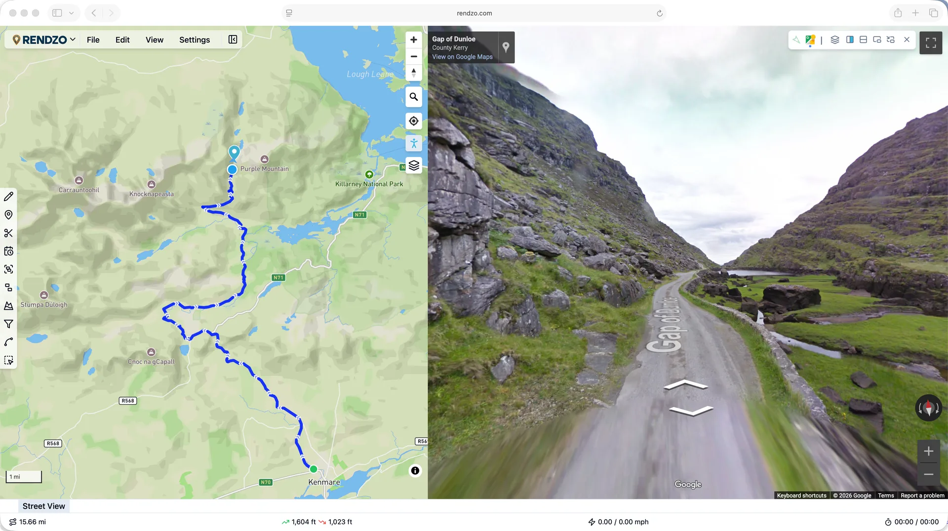 Rendzo's in-app Google Street View window showing ground-level imagery for a point along a planned route