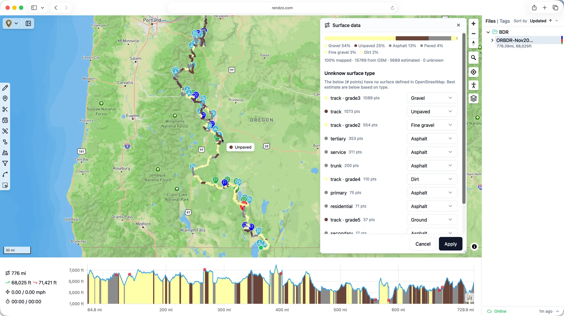 Rendzo surface data preview coloring a GPX track by surface type — asphalt, gravel, and dirt — on the map and elevation profile