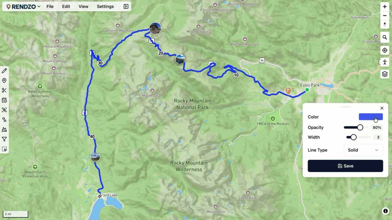 Customizing route appearance with colors and line styles